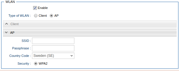 Settings for WLAN as Access Point.