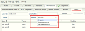 visual instructions guiding the user to click on the "Administration"-tab, then the ""Users"-tab and lastly to choose from a drop-down list wether all users shall be included or only active or inactive.